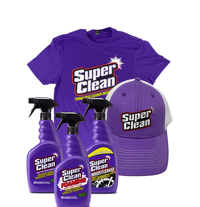 Super Clean products, t-shirt and hat